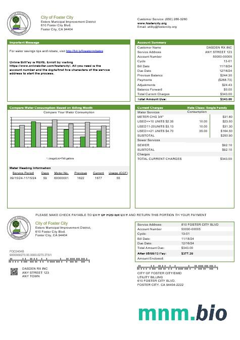 Usa California City of Foster City rachunek za usługi komunalne szablon w formacie Word i PDF
